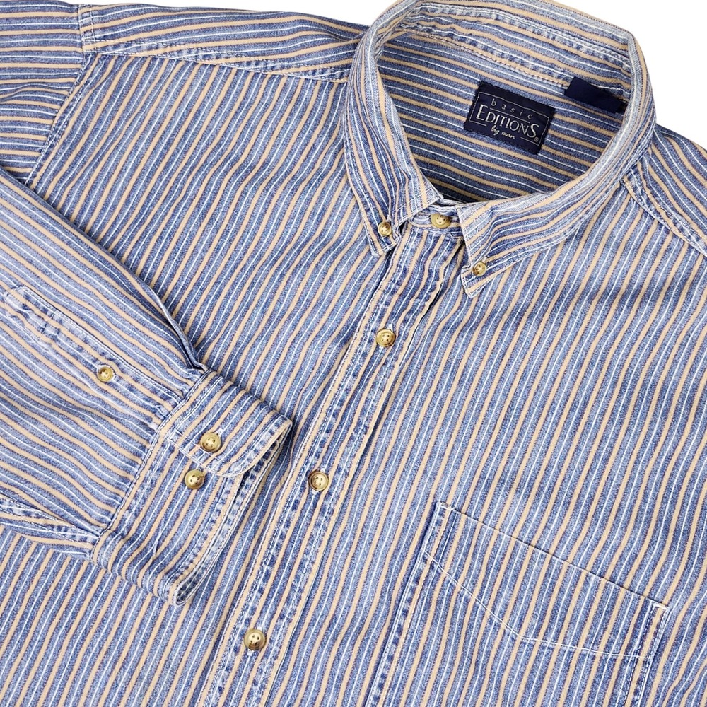 VTG Basic Editions 90s Chambray Work Shirt‎ Mens 2XL Striped Heavy Cotton Pocket